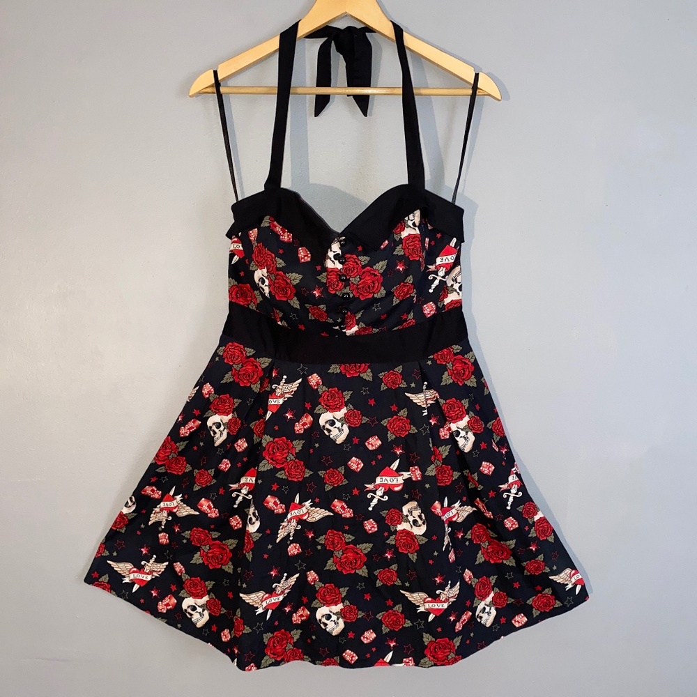 HOT TOPIC Dice Heart Skull Tattoo Roses Rockabilly Halter Dress XL